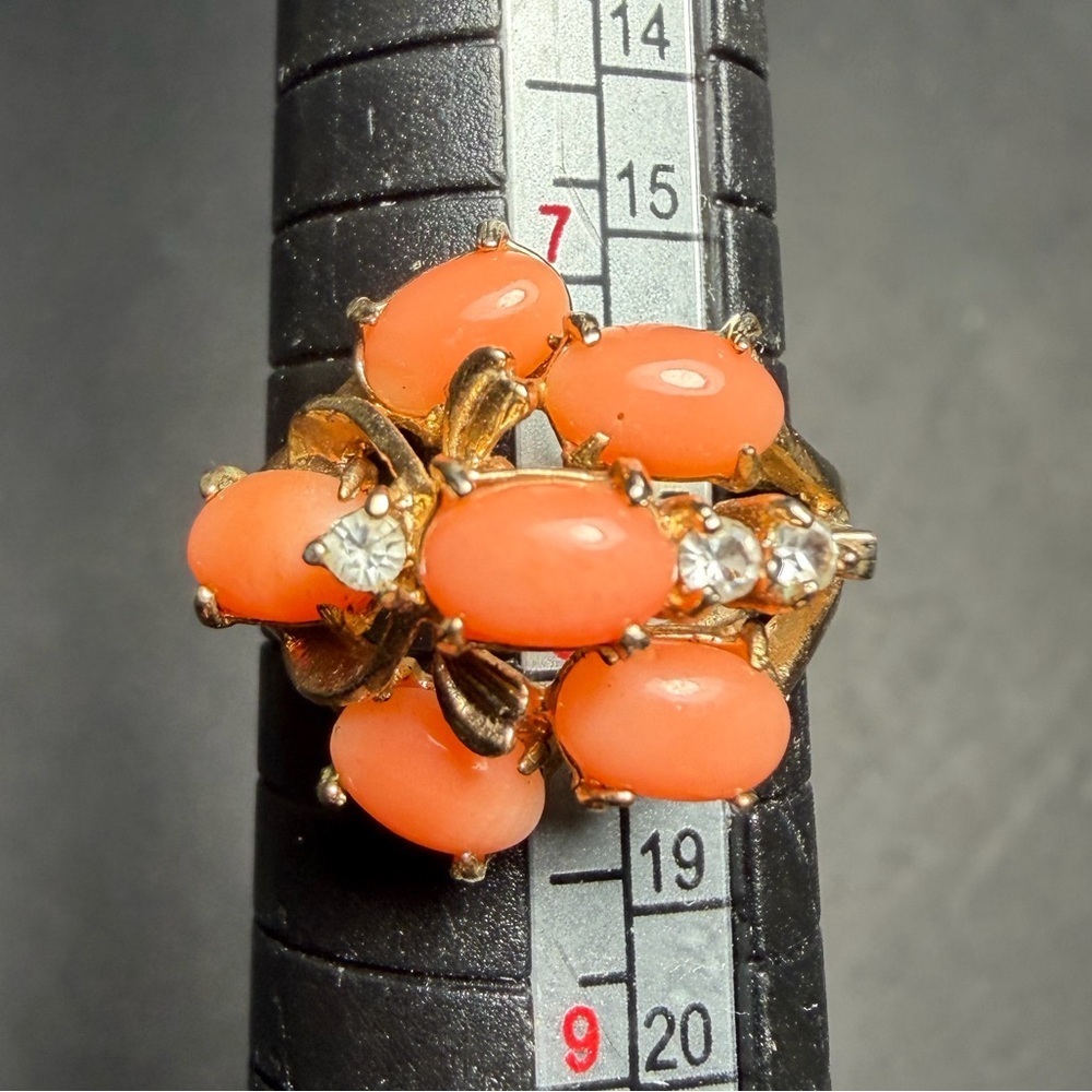 Vintage Style Coral Color Cabochon & Faux Diamond Ring